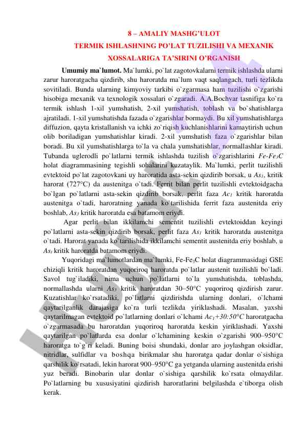 Termik ishlash va po‘lat tuzilishining mexanik xossalari