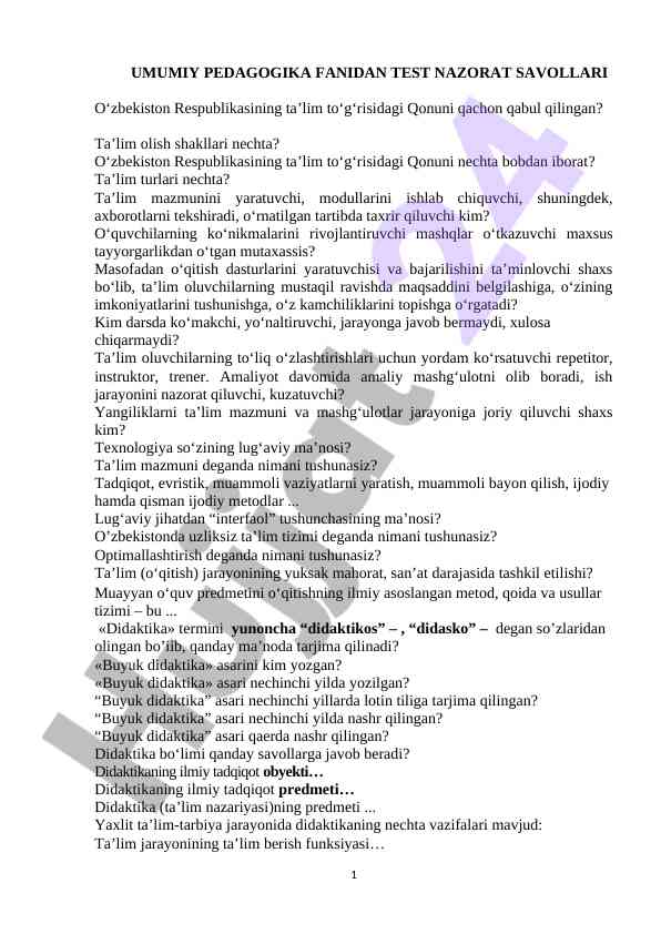 Umumiy pedagogika fanidan test nazorat savollari