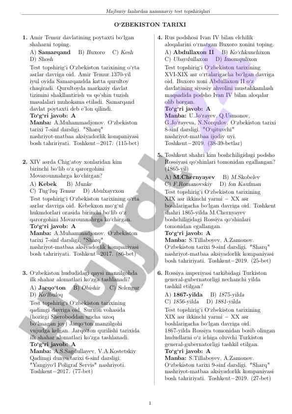 Namunaviy test topshiriqlari o‘zbekiston tarixi