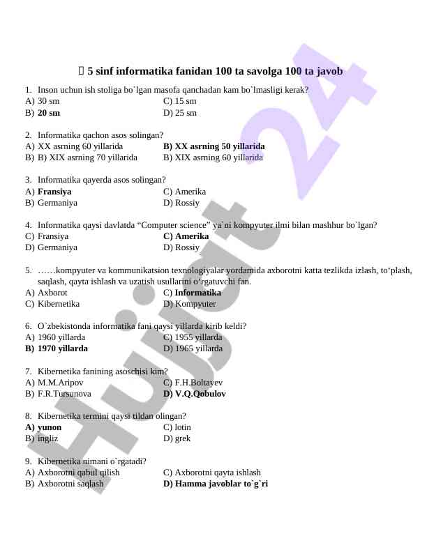 5 Sinf Informatika Fanidan Savollar Va Javoblar