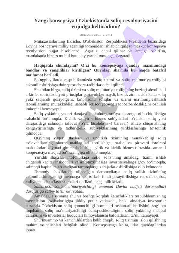 O‘zbekistonda soliq revolyusiyasining yangi konsepsiyasi