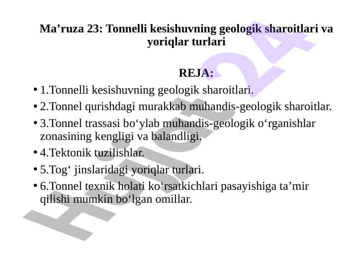 Tonnelli kesishuvning geologik sharoitlari masalalari
