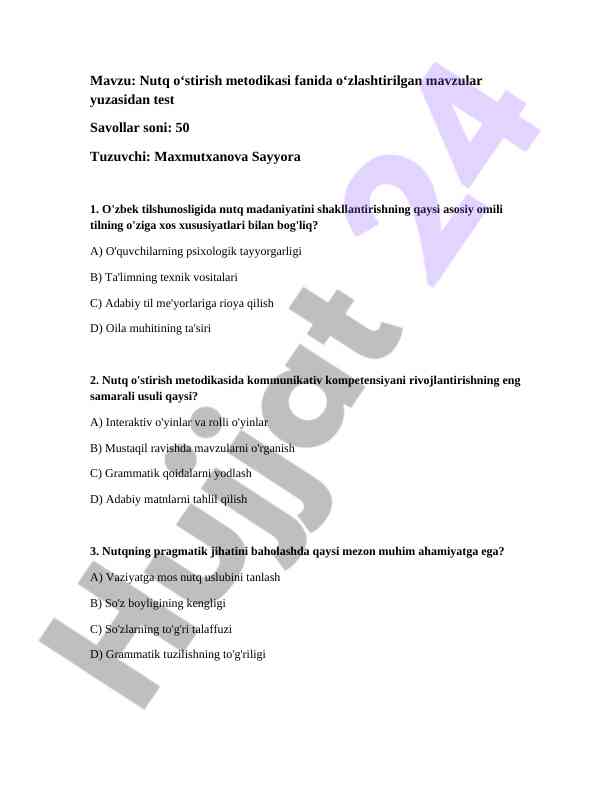 Nutq o'stirish metodikasi fanida test savollari