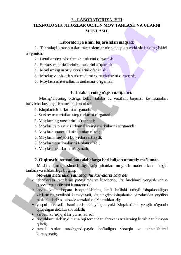 Laboratoriya ishida moy tanlash va moylash usullari