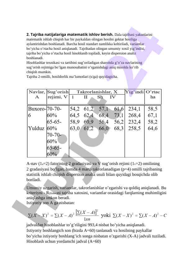Matematik ishlov berish tajribasi natijalari