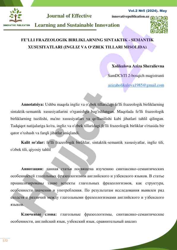 Fe'lli frazeologik birliklarning sintaktik semantik xususiyatlari