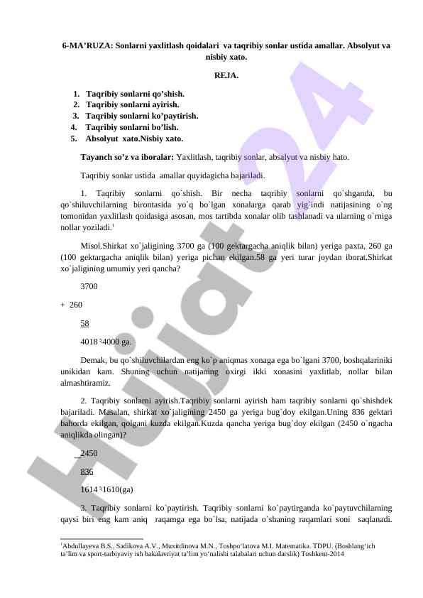 Taqribiy sonlar ustida amallar va yaxlitlash qoidalari