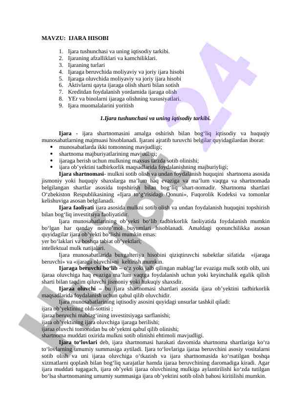 Ijara hisobi va iqtisodiy tarkibi tahlili
