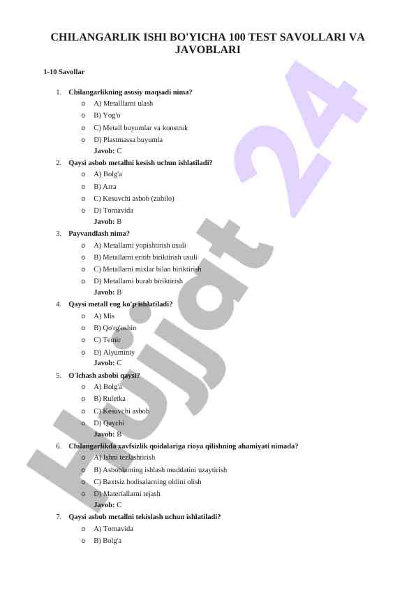 Chilangarlik ishi bo'yicha 100 test savollari