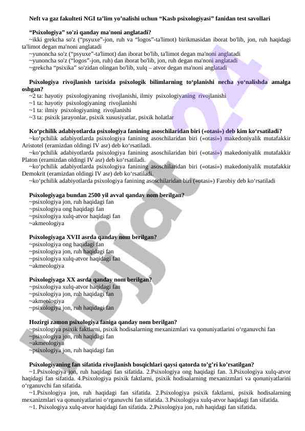 Kasb psixologiyasi fanidan test savollari