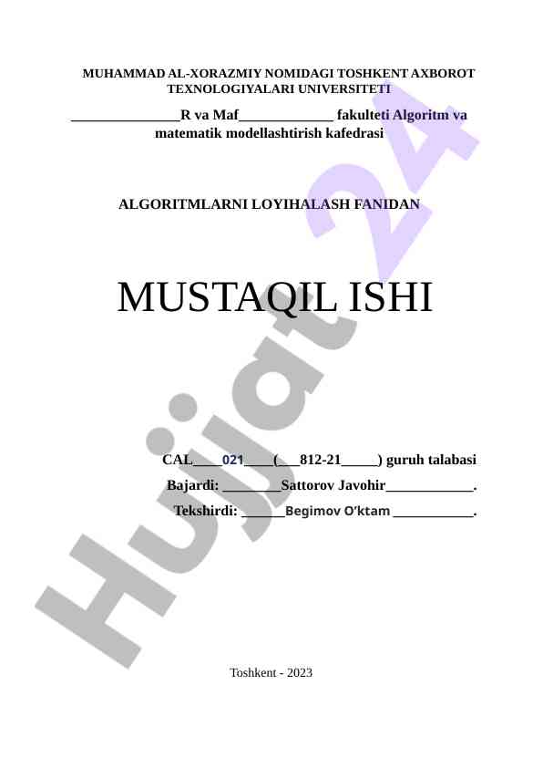 Algoritmlarni loyihalash fanidan mustaqil ish