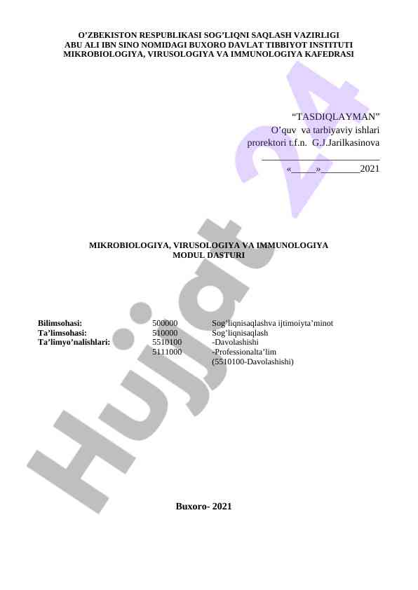 Mikrobiologiya virusoаlogiya va immunologiya modul dasturi