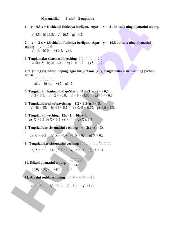 Matematika 8 sinf 2-variant test savollari
