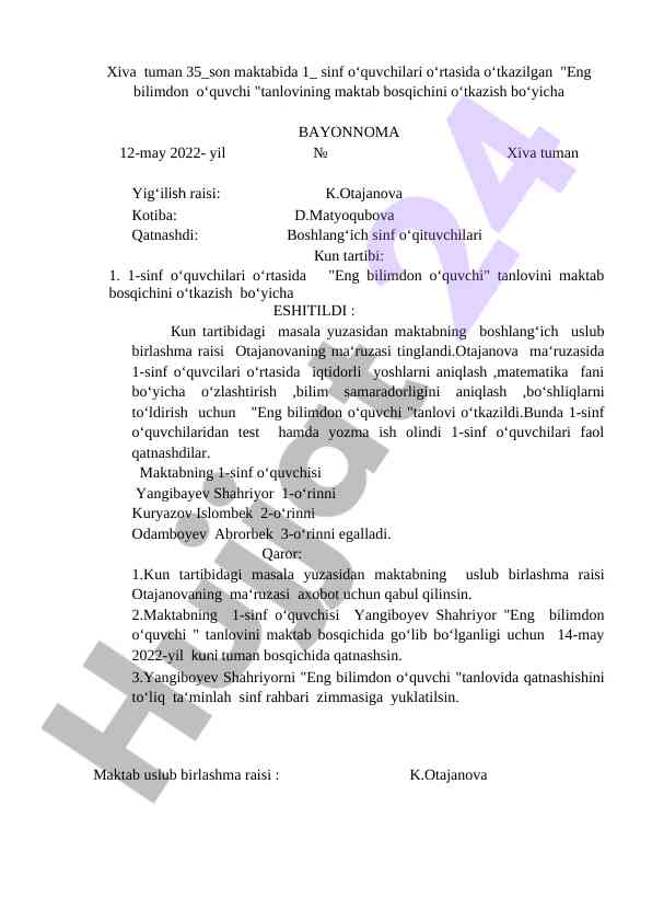 Eng bilimdon o‘quvchi tanlovi maktab bosqichi