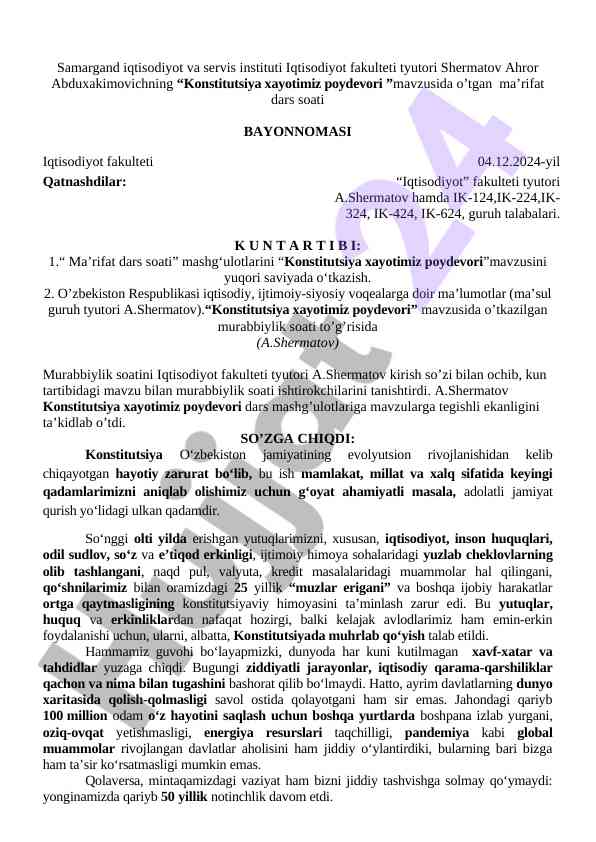 Konstitutsiya hayotimiz poydevori mavzusida dars ishlanmasi