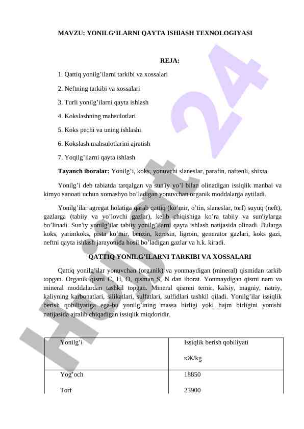 Yonilg‘ilarni qayta ishlash texnologiyasi