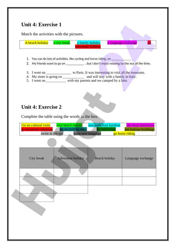Holiday activities matching exercise and sentence completion