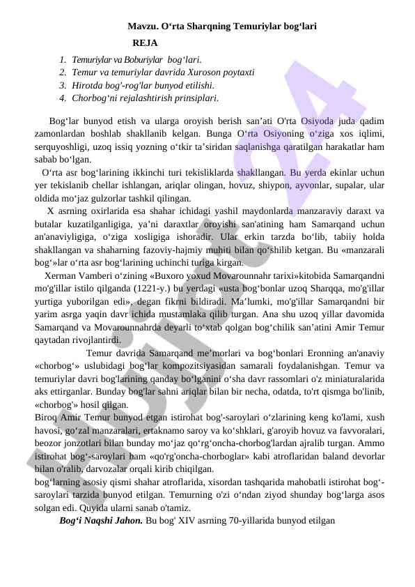 O‘rta sharqning temuriylar bog‘lari tahlili