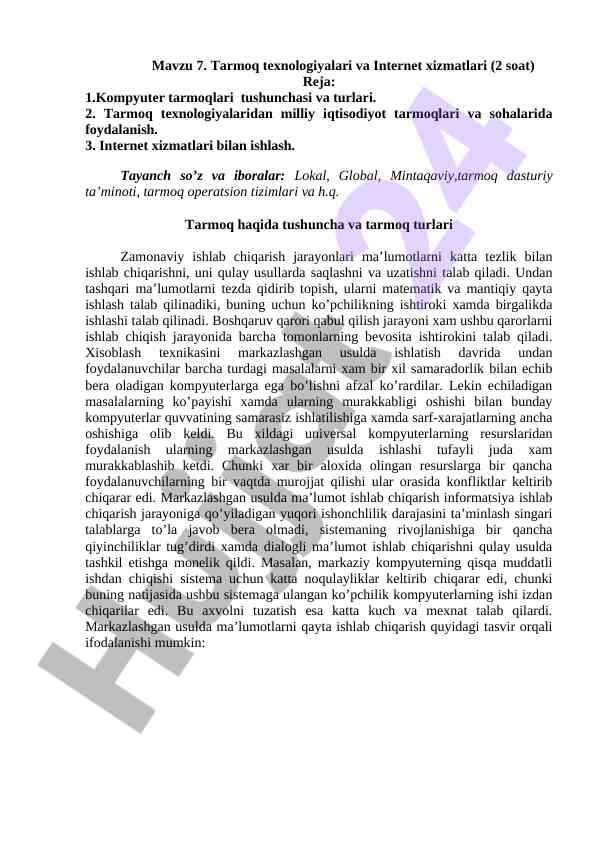 Tarmoq texnologiyalari va internet xizmatlari