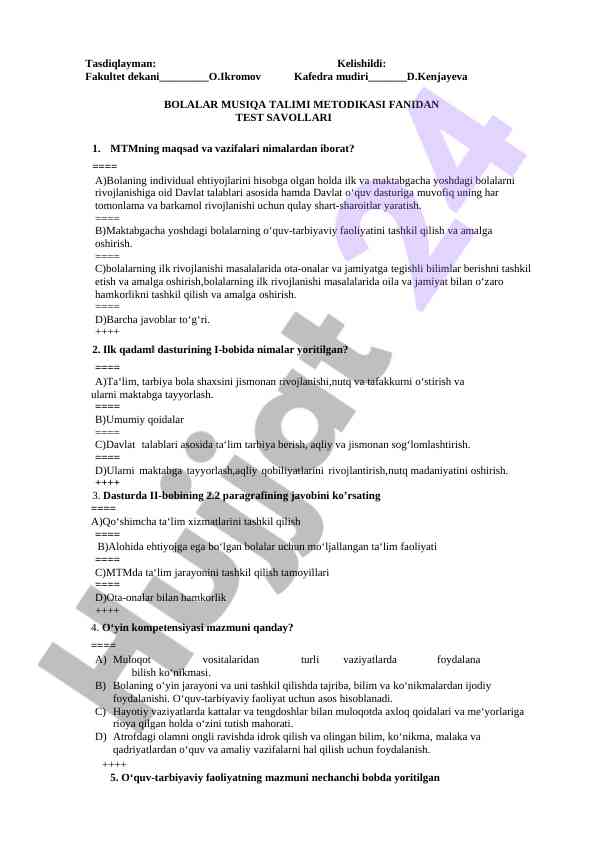 Bolalar musiqa talimi metodikasi fanidan test savollari