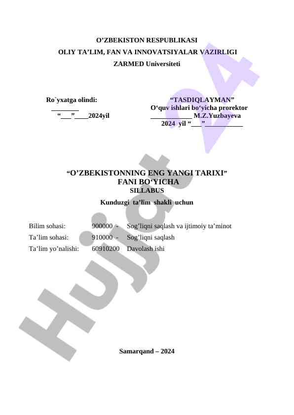 O‘zbekistonning eng yangi tarixi faniga sillabus