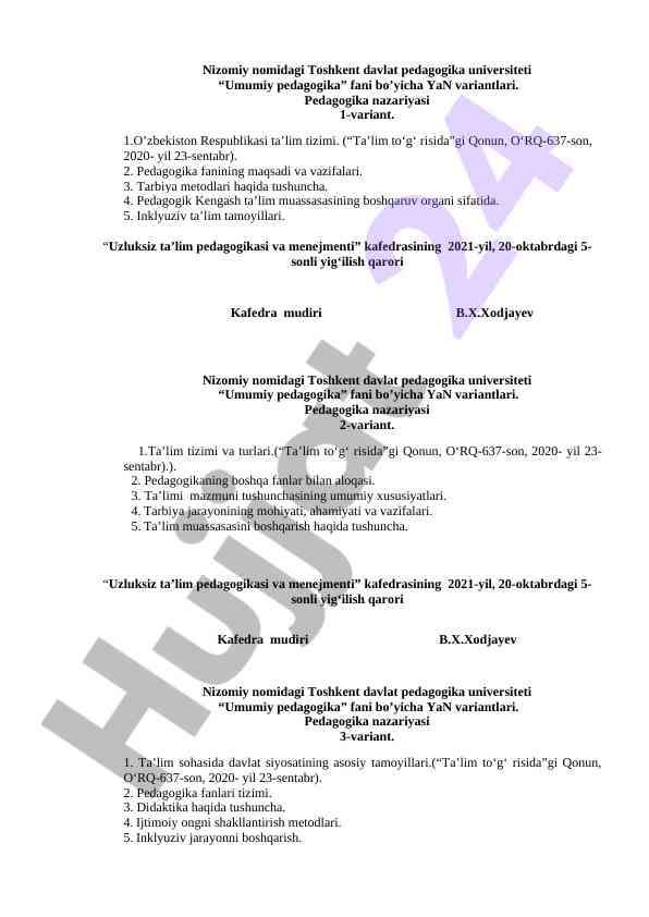 Umumiy pedagogika faniga doir variantlar
