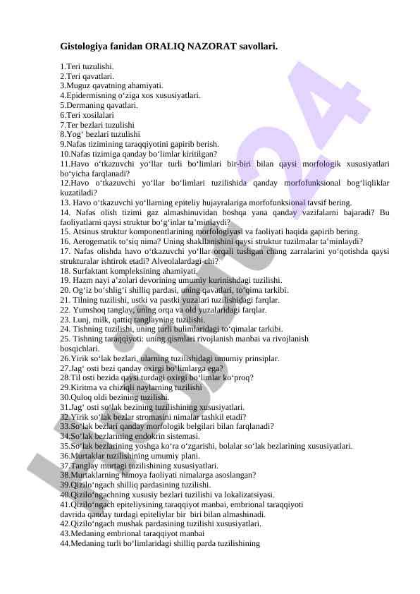 Gistologiya fanidan oralqi nazorat savollari