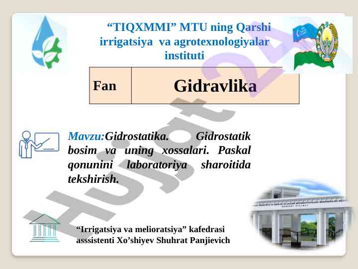 Gidrostatika va bosim o‘lchash asboblarini o‘rganish