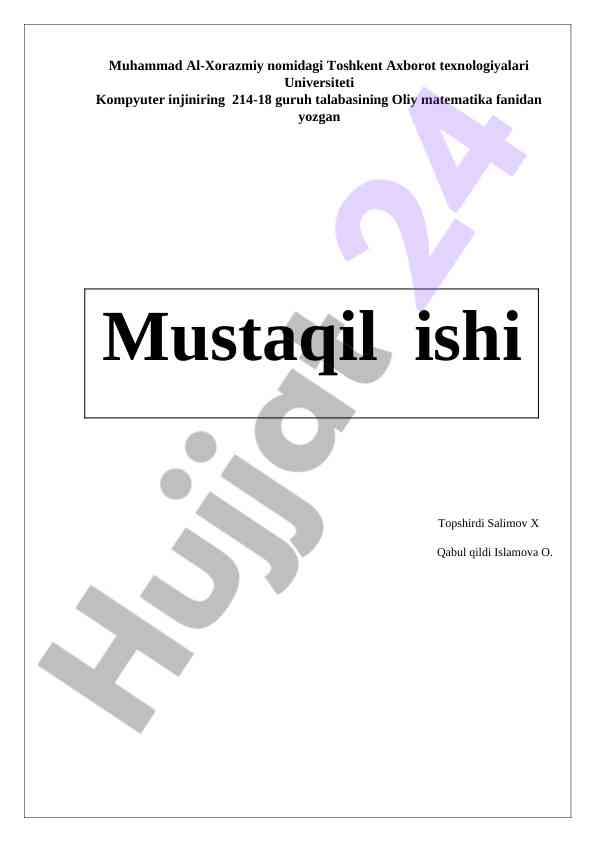 Oliy matematika fanidan topshiriq detalizatsiyasi
