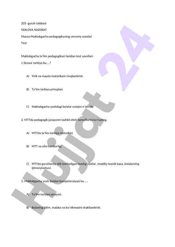 Maktabgacha ta'lim pedagogikasi fanidan test savollari