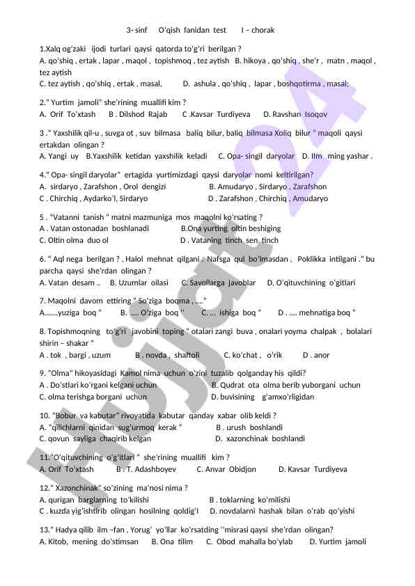 3-sinf o’qish fanidan test savollari