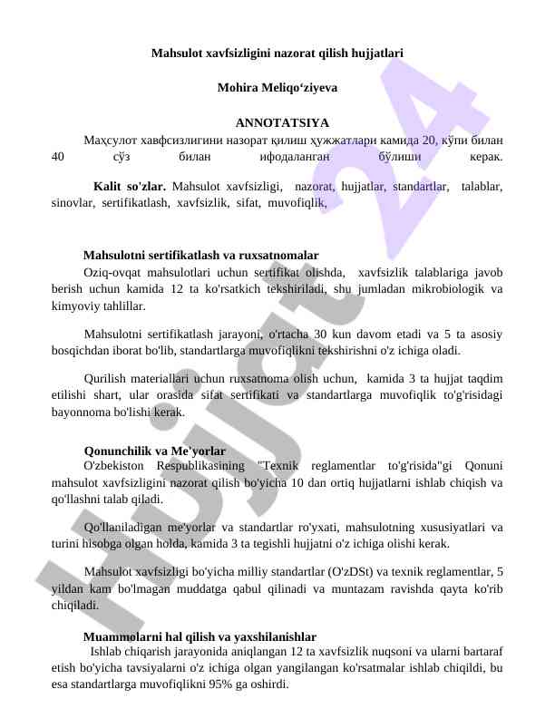 Mahsulot xavfsizligini nazorat qilish hujjatlari