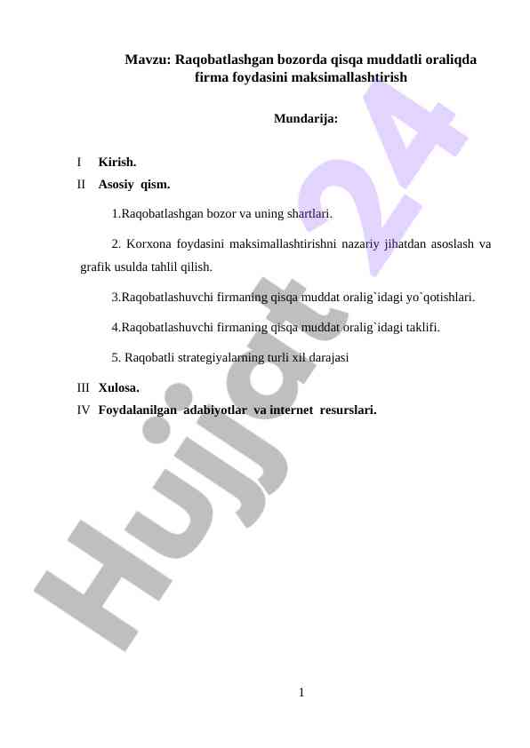 Raqobatlashgan bozorda firma foydasini maksimallashtirish