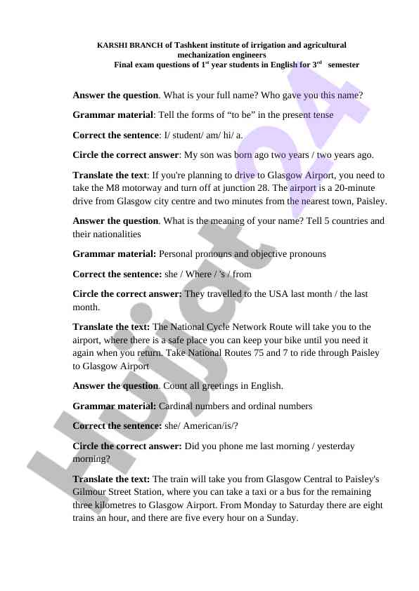 Final exam questions for 1st year students