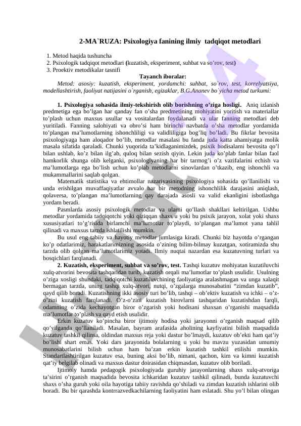 Psixologiya fanining ilmiy tadqiqot metodlari