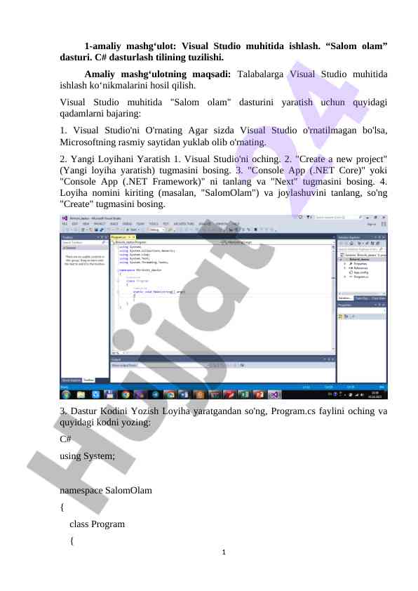 C# dasturlash tili bilan salom olam dasturi