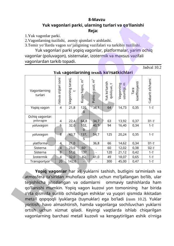Yuk vagonlari parki turlari va qо’llanishi