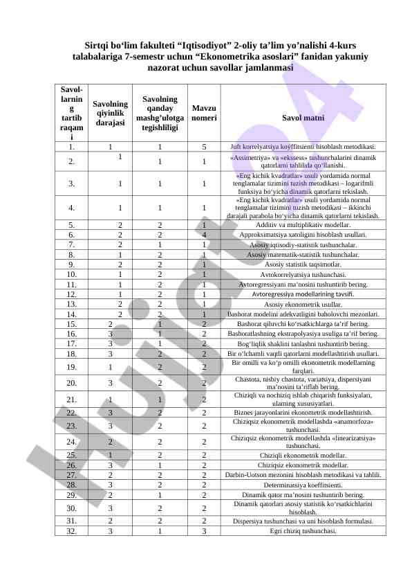 Ekonometrika asoslari 7-semestr savollar jamlanmasi