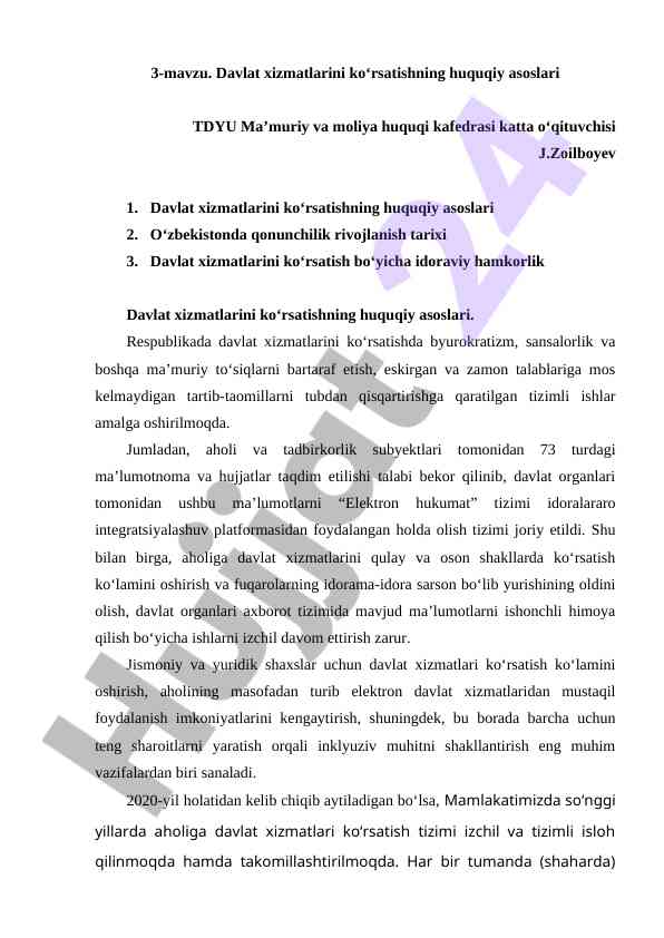 Davlat xizmatlarini ko‘rsatishning huquqiy asoslari