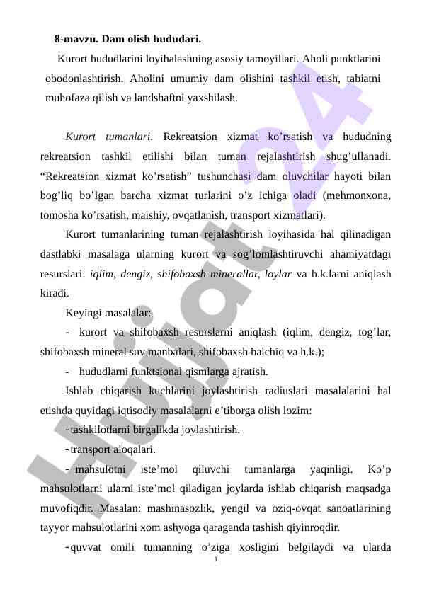 Kurort hududlarini loyihalashning asosiy tamoyillari