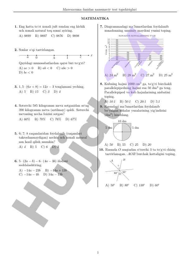 Matematika fanidan namunaviy test topsiriqlari