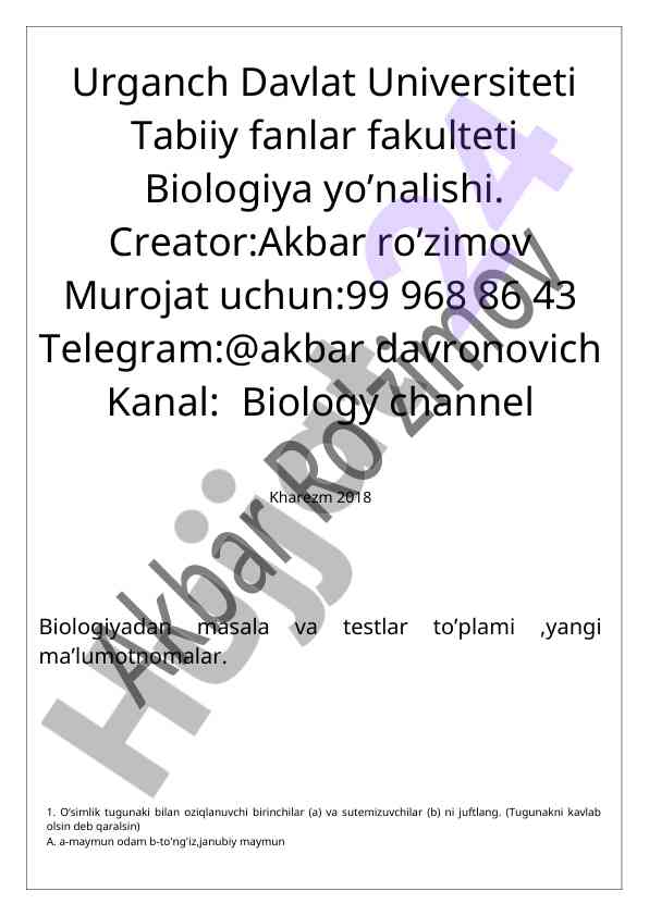 Biologiya yo’nalishi testlar to’plami 2018