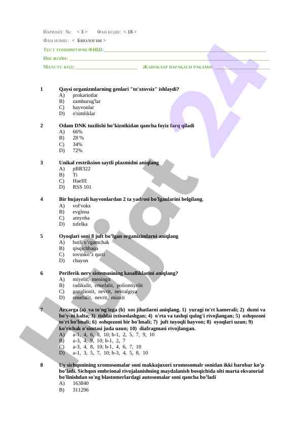 Biologiya testlari: odam dnk va organizm genlari