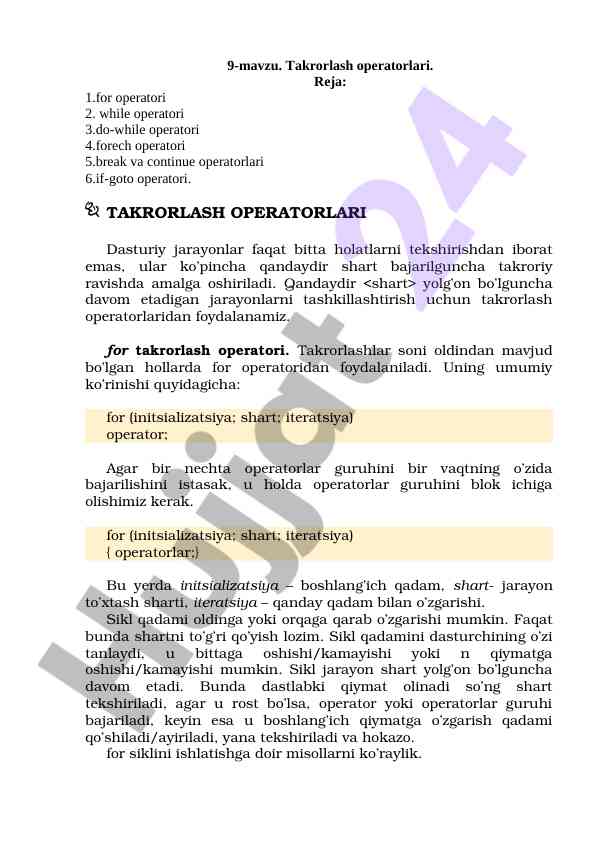 Takrorlash operatorlari haqida ma'lumot