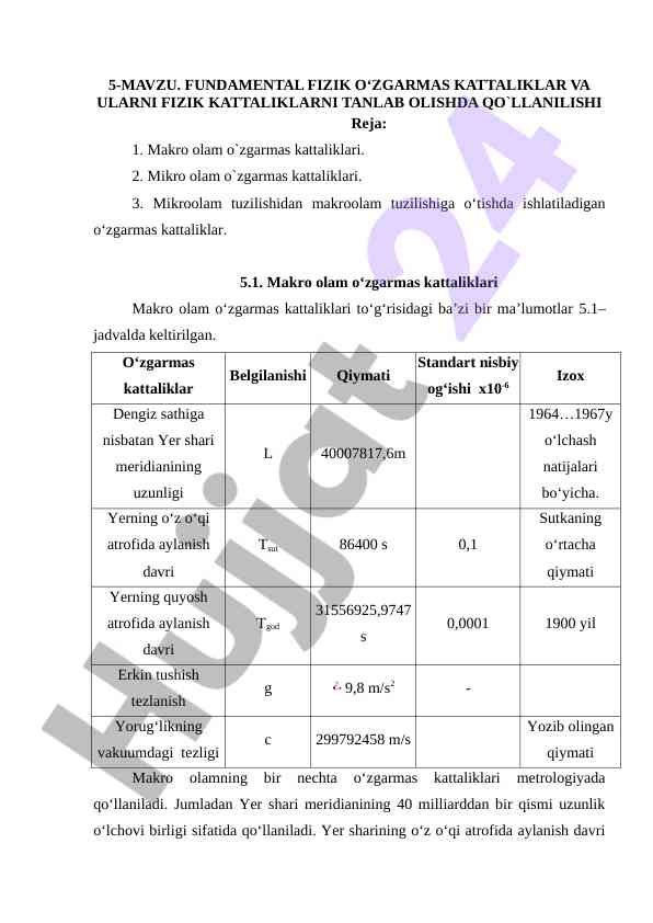 Fundamental fizik o'zgarilmas kattaliklar tahlili