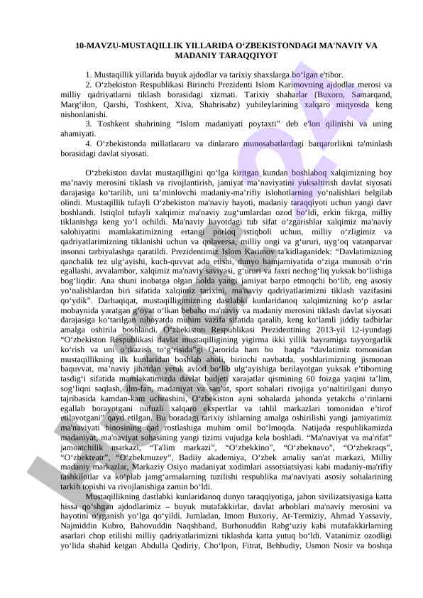 O‘ZBEKISTONNING MA'NAVIY VA MADANIY TARAQQIYOTI