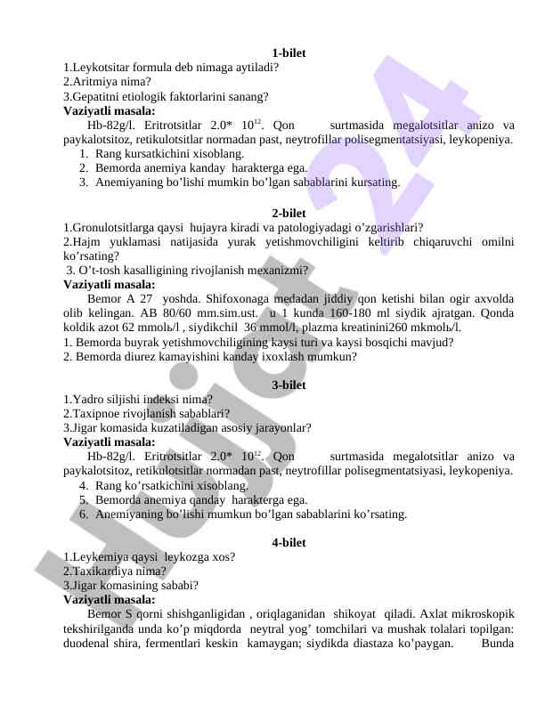 Tibbiy testlar va vaziyatli masalalar
