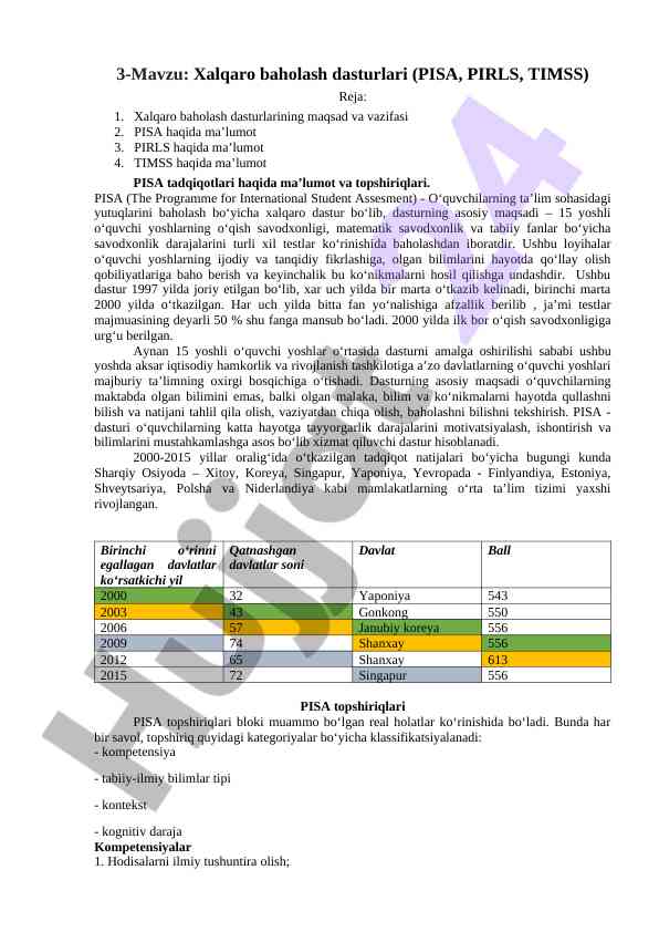 Xalqaro baholash dasturlari pisa pirls timss haqida