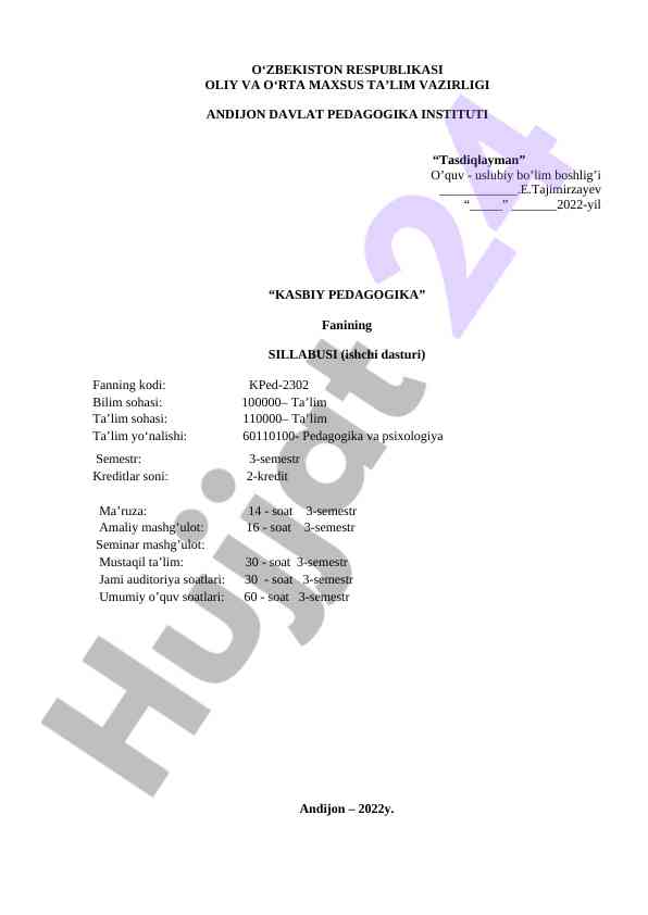 Kasbiy pedagogika fanining sillabusi 2022 yil