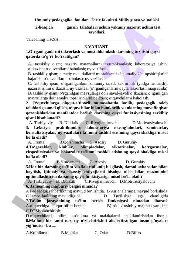 Umumiy pedagogika fanidan yakuniy nazorat test savollari
